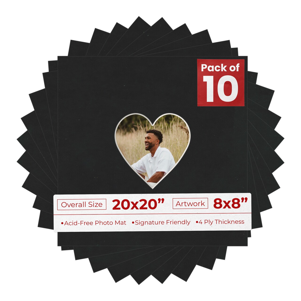 Black Suede Mat Board for 20x20 Frames - Heart Opening for 8x8 Photos